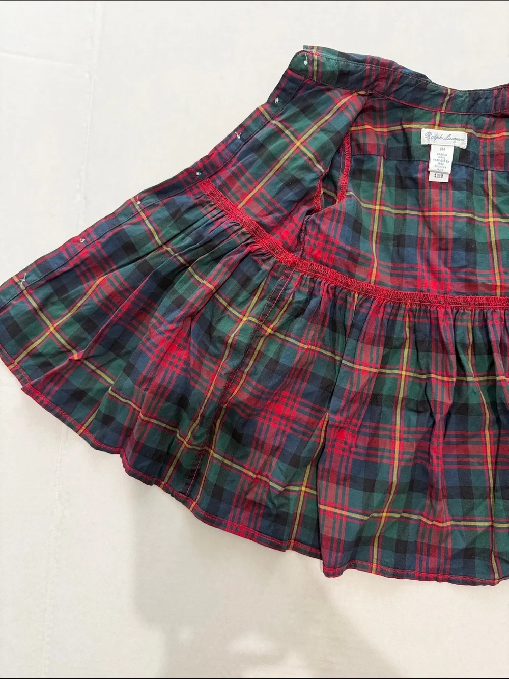 Ralph Lauren Girls 6M Cotton Plaid Button-Down Dress Top in Red & Green